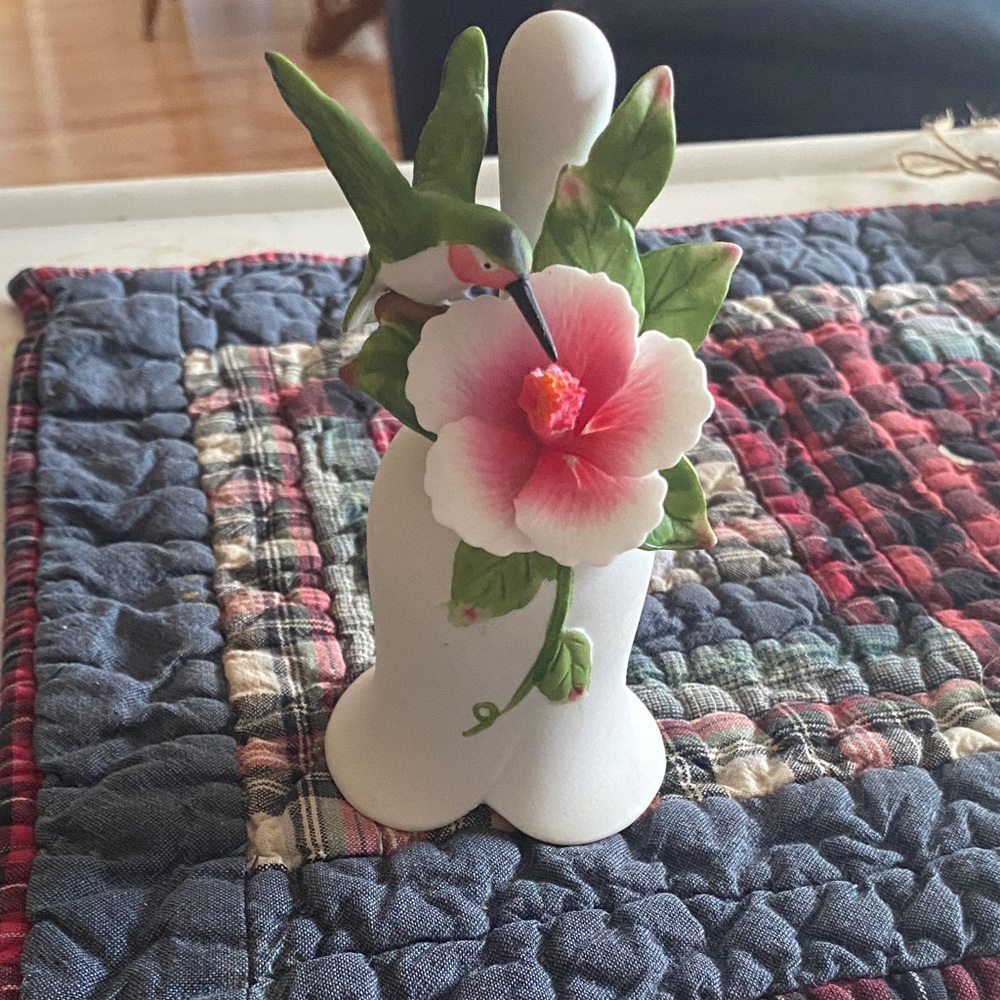 Floral Hummingbird Porcelain Bell  - White and Green